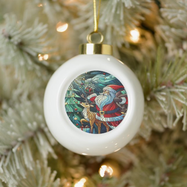Santa Claus and His Reindeer Bearing Gifts Ceramic Ball Christmas Ornament (Tree)