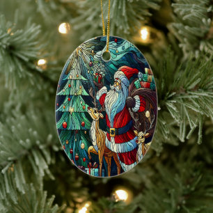 Santa Claus and His Reindeer Bearing Gifts Ceramic Tree Decoration