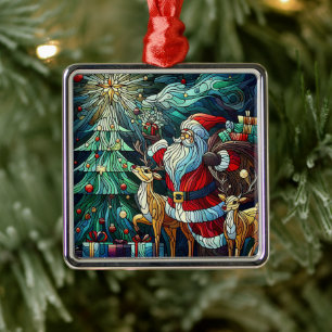 Santa Claus and His Reindeer Bearing Gifts Metal Tree Decoration