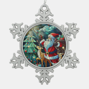 Santa Claus and His Reindeer Bearing Gifts Snowflake Pewter Christmas Ornament