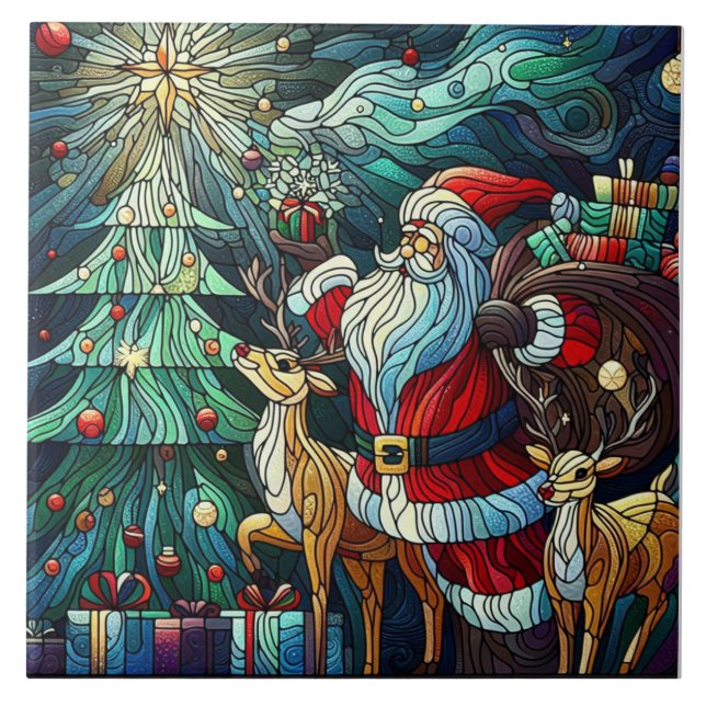 Santa Claus and His Reindeer Bearing Gifts Tile (Front)