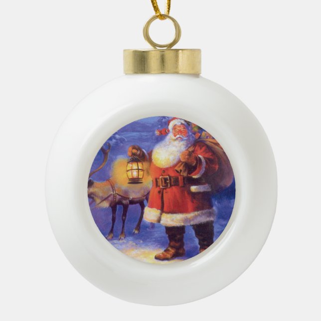Santa Claus and his reindeer Ceramic Ball Christmas Ornament (Front)