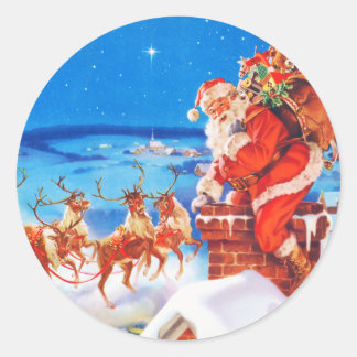 Santa Claus and his Reindeer Up on the Rooftop Classic Round Sticker