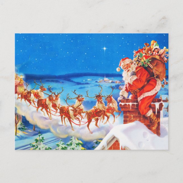 Santa Claus and his Reindeer Up on the Rooftop Holiday Postcard (Front)