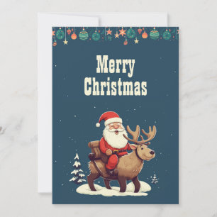 Santa Claus and Moose Cartoon Illustration Holiday Card