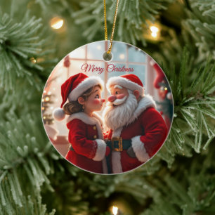 Santa Claus and Mrs. Claus celebrate X-Mas, fun Ceramic Tree Decoration