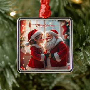 Santa Claus and Mrs. Claus celebrate X-Mas, fun Metal Tree Decoration