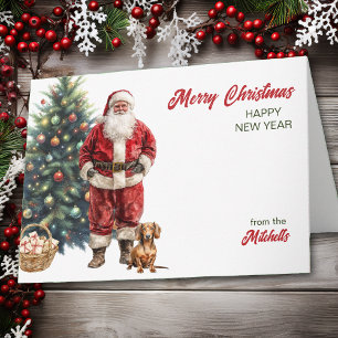 Santa Claus and Red Dachshund Dog Christmas Holiday Card
