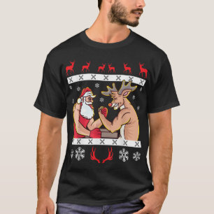 Santa Claus And Reindeer Arm Wrestling Ugly Christ T-Shirt
