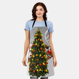 Santa claus and reindeer behind a christmas tree.j apron