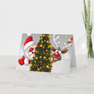 Santa claus and reindeer behind a christmas tree.j card