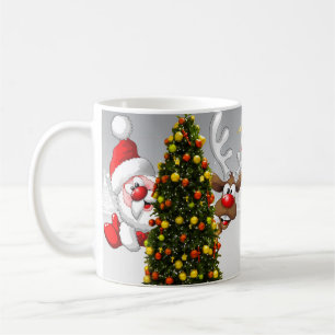 Santa claus and reindeer behind a christmas tree.j coffee mug