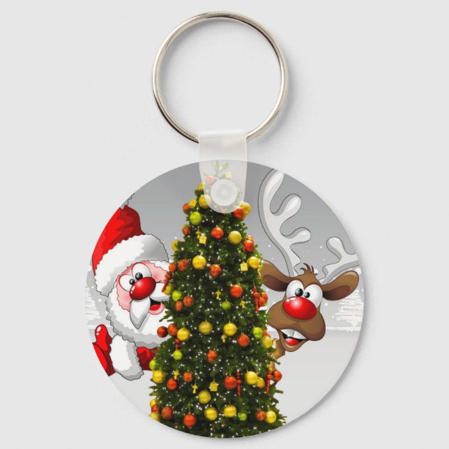 Santa claus and reindeer behind a christmas tree.j key ring (Front)