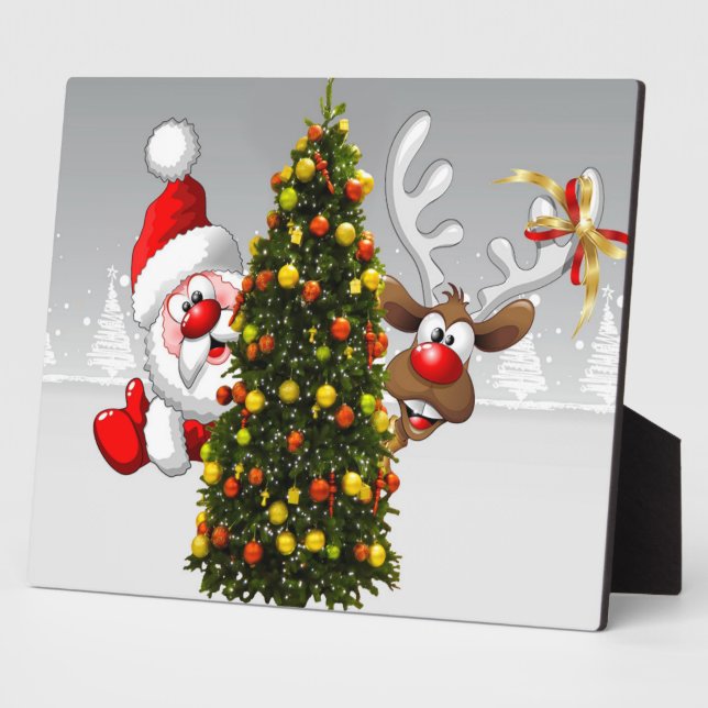 Santa claus and reindeer behind a christmas tree.j plaque (Side)