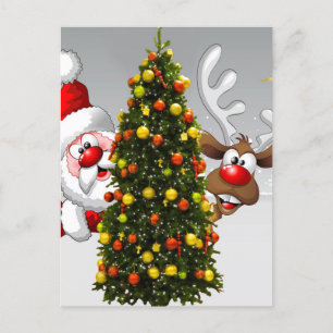 Santa claus and reindeer behind a christmas tree.j postcard