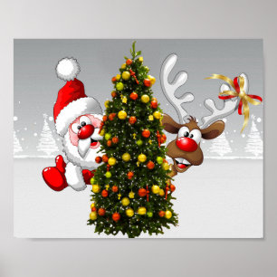 Santa claus and reindeer behind a christmas tree.j poster