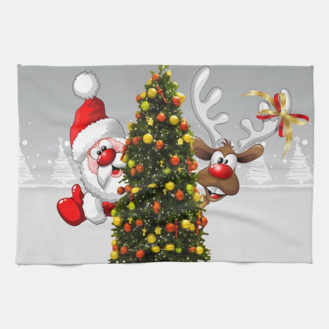 Santa claus and reindeer behind a christmas tree.j tea towel (Horizontal)