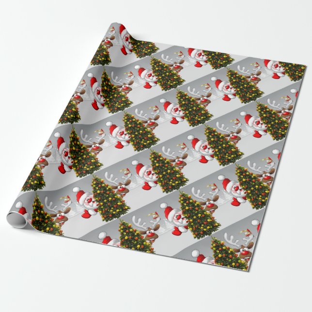 Santa claus and reindeer behind a christmas tree.j wrapping paper (Unrolled)