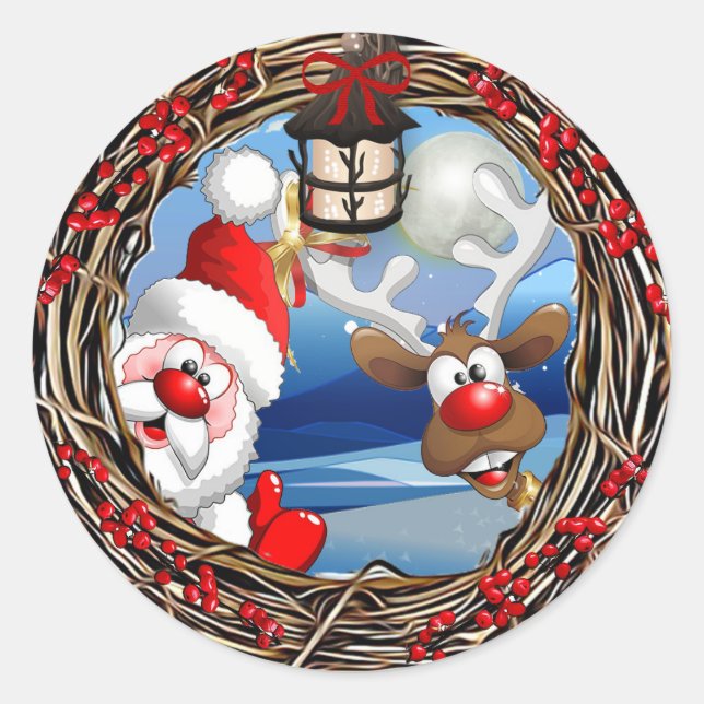 Santa Claus and Reindeer Christmas Classic Round Sticker (Front)