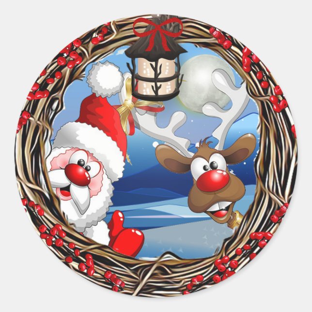 Santa Claus and Reindeer Christmas Classic Round Sticker (Front)