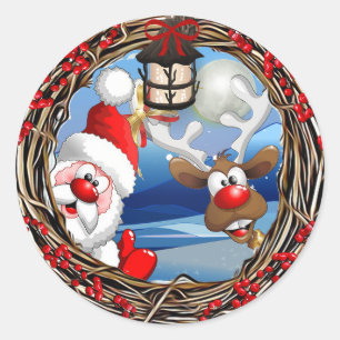Santa Claus and Reindeer Christmas Classic Round Sticker