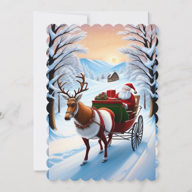 Santa Claus and Reindeer Flat Holiday Card (Santa Claus and Reindeer Sleigh and Gifts, Winter Snowfall Background )
