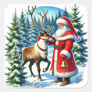 Santa Claus and Reindeer in a Snowy Forest Square Sticker
