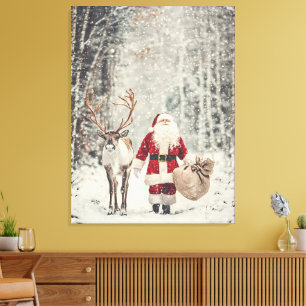 Santa Claus and Reindeer in a Winter Wonderland Canvas Print