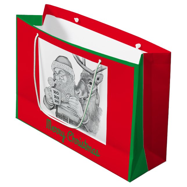 Santa Claus and Reindeer Large Gift Bag (Front Angled)