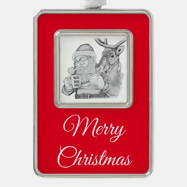 Santa Claus and Reindeer Silver Plated Framed Ornament (Front)