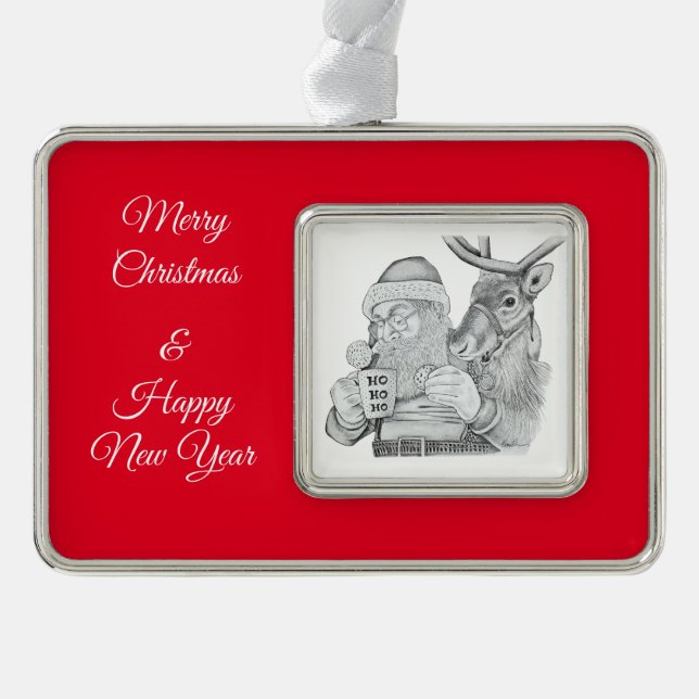 Santa Claus and Reindeer Silver Plated Framed Ornament (Front)