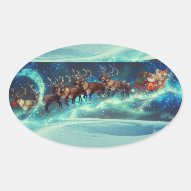 Santa Claus and Reindeer Sleigh Christmas  Oval Sticker (Front)