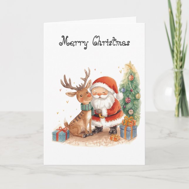 Santa Claus and reindeer whimsical Greeting Card (Front)