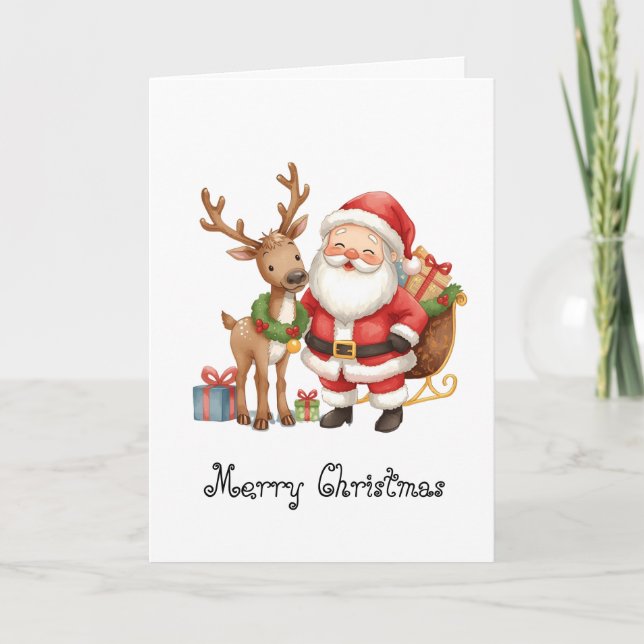 Santa Claus and reindeer whimsical Greeting Card (Front)