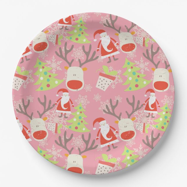 Santa Claus and Reindeer with Christmas Tree Paper Plate (Front)
