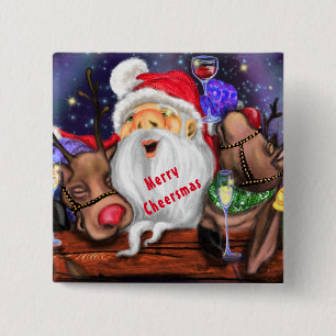 Santa Claus and Reindeers Funny Christmas Button