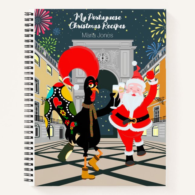 Santa Claus and Rooster Champagne Toast to New Yea Notebook (Front)