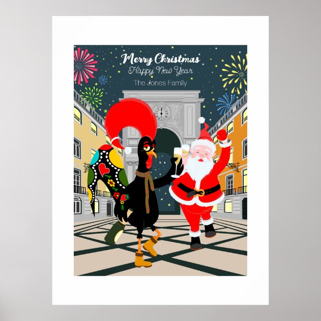 Santa Claus and Rooster Champagne Toast to New Yea Poster (Front)