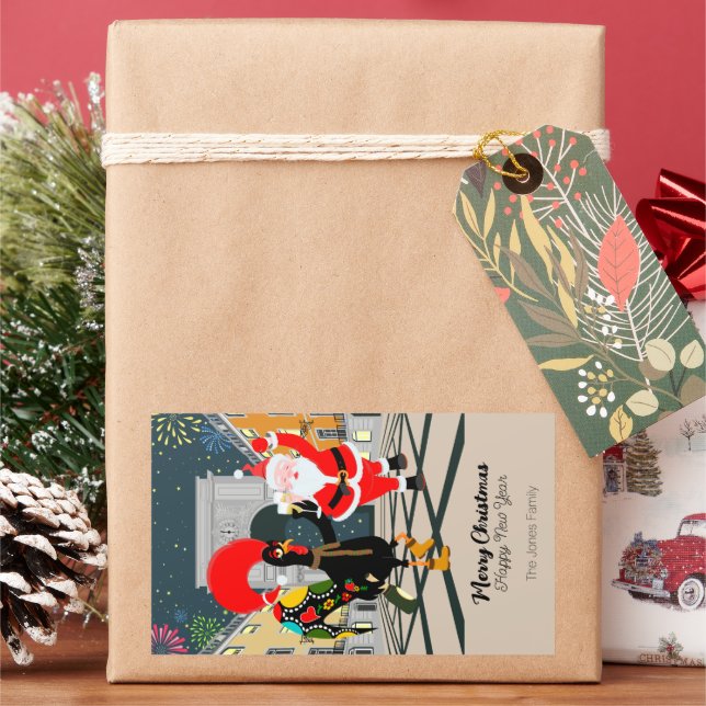 Santa Claus and Rooster Champagne Toast to New Yea Rectangular Sticker (Holiday)