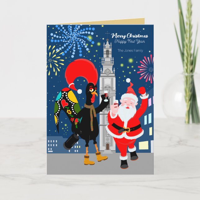 Santa Claus and Rooster toast to the New Year Card (Front)