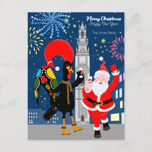 Santa Claus and Rooster toast to the New Year Holiday Postcard