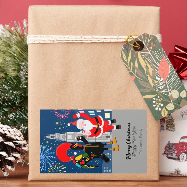 Santa Claus and Rooster toast to the New Year Rectangular Sticker (Holiday)