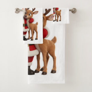 Santa Claus and Rudolph Cartoon Bath Towel Set