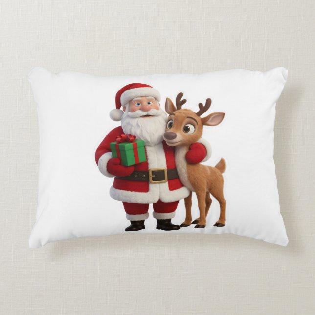 Santa Claus and Rudolph Cartoon Decorative Cushion (Front)