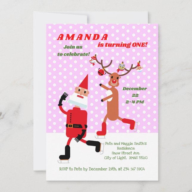 Santa Claus and Rudolph skating First Birthday  Invitation (Front)