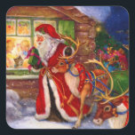 Santa claus and rudolph square sticker<br><div class="desc">santa claus christmas rudolph, 
beautiful art cheerful night, 
gift hat funny cute , 
animal present happy red, 
snow deer xmas reindeer, 
merry new celebration winter, 
holiday cartoon illustration, 
painting paint vintage retro, 
christmas santa claus rudolph, </div>