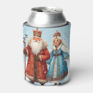 Santa Claus and Snow Maiden Celebrating Christmas Can Cooler