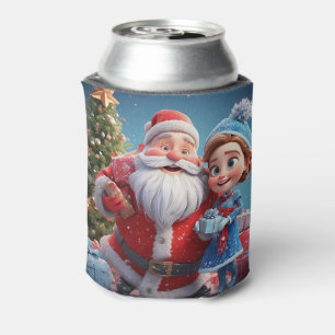 Santa Claus and Snow Maiden Celebrating Christmas Can Cooler
