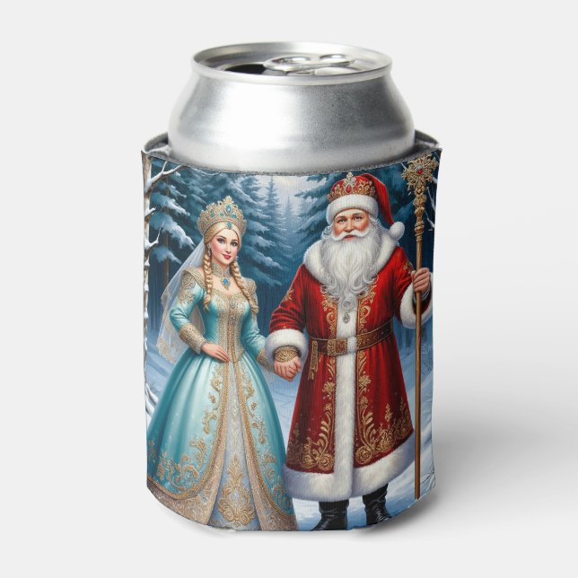 Santa Claus and Snow Maiden Celebrating Christmas Can Cooler (Can Front)
