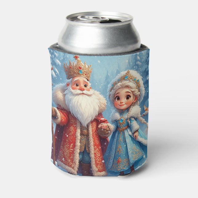 Santa Claus and Snow Maiden Celebrating Christmas Can Cooler (Can Back)
